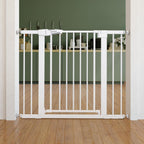 Babelio pressure mounted metal baby gate front view in white color for child safety.