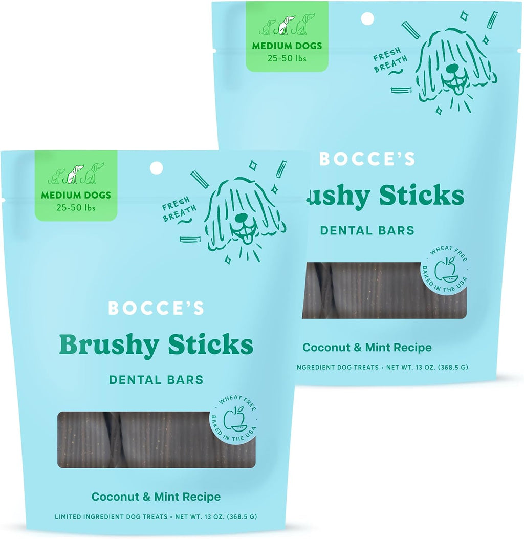 Bocce's Bakery Dental Brushy Sticks for Medium Dogs front packaging showing the coconut and mint recipe design