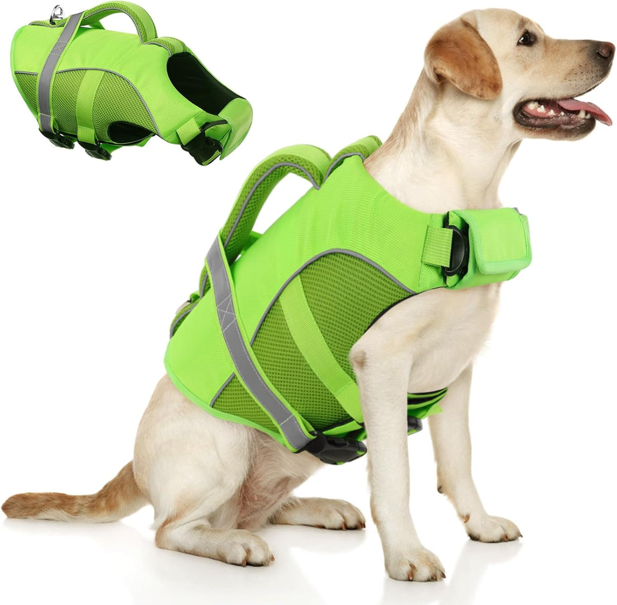 Queenmore dog life jacket front view bright green pet safety vest