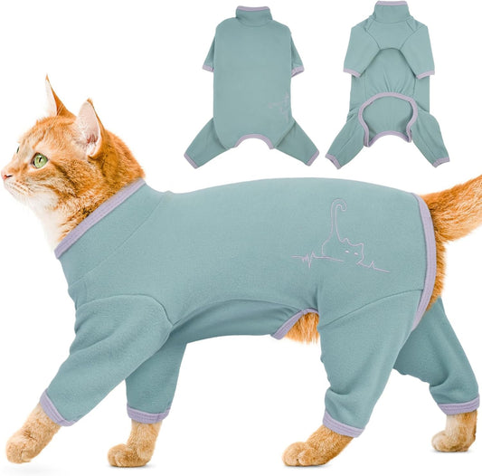 Adnikia cat pajamas sage green front view for shedding control