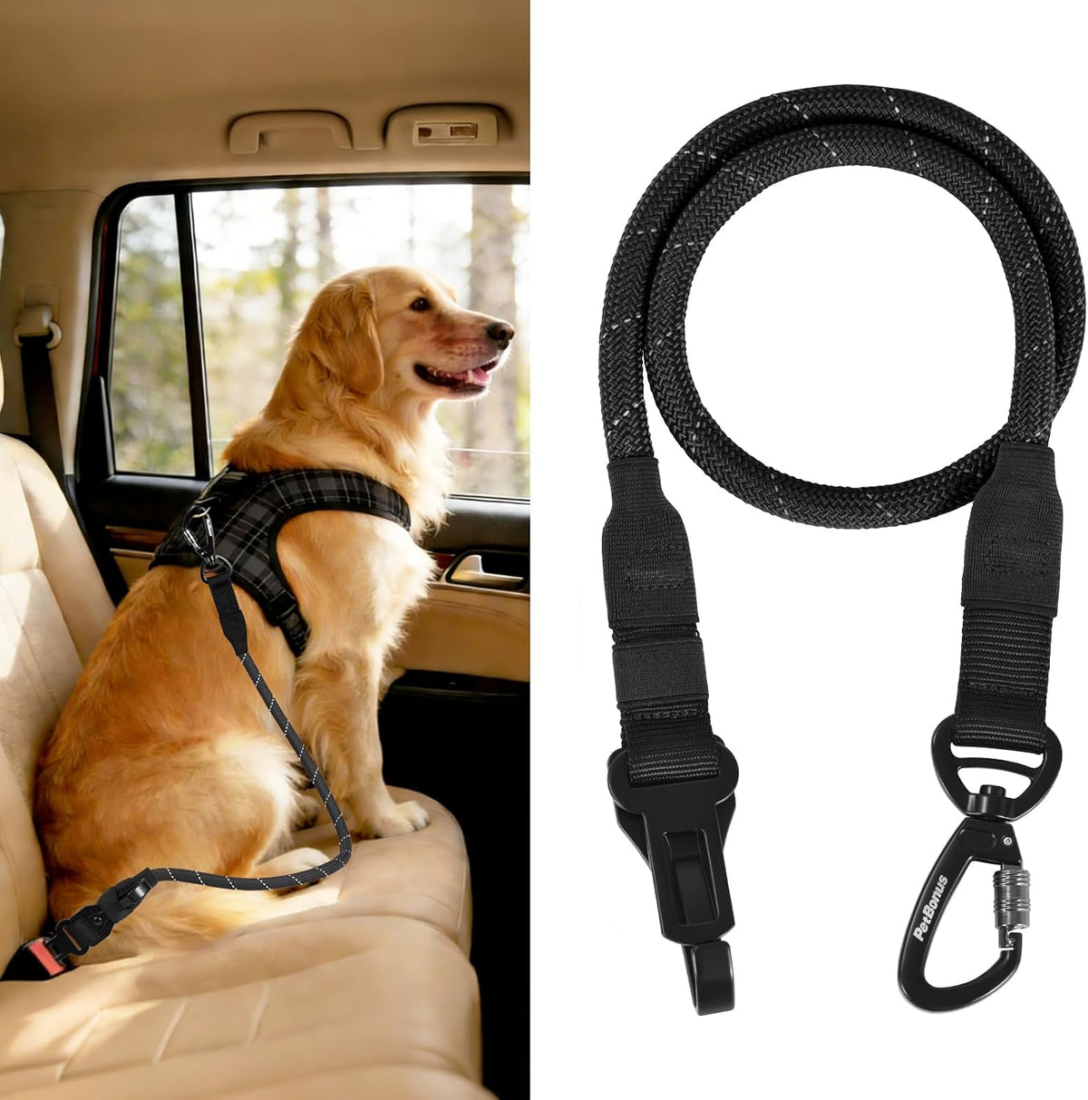 PetBonus dog seat belt black front view product