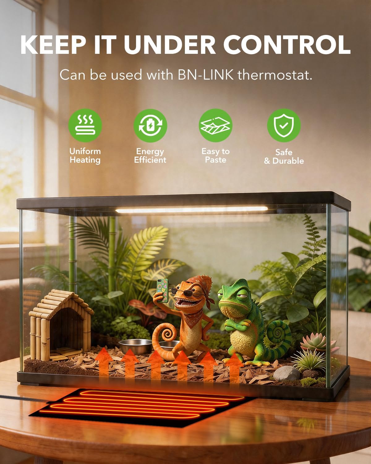 Waterproof heating mat with adhesive backing for reptiles