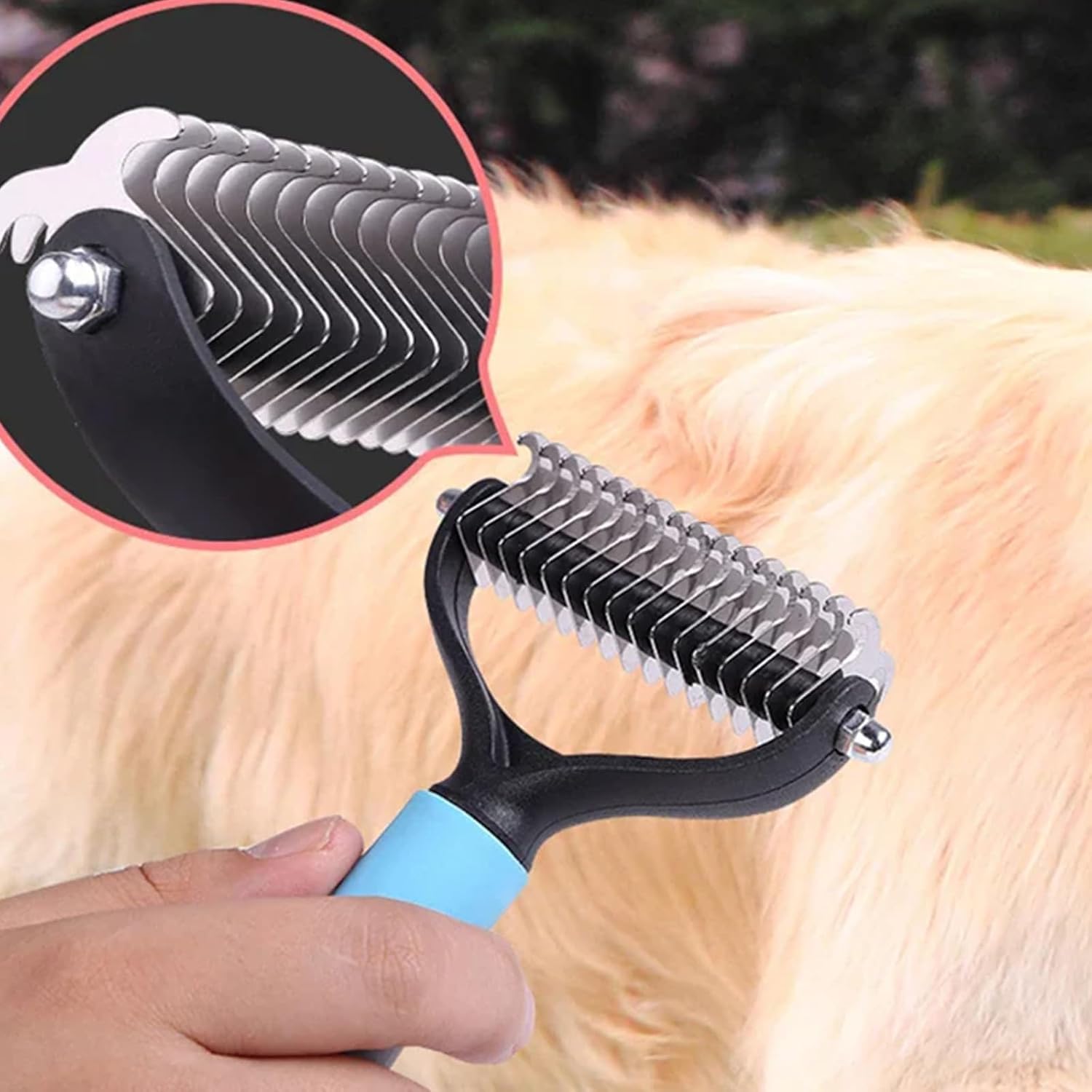 Cutefly pet grooming rake showing double sided stainless steel teeth