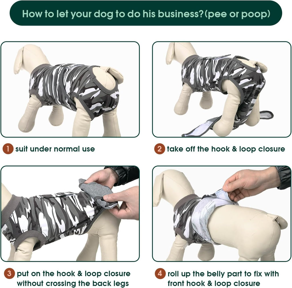 Rear view of Kuoser dog recovery suit for potty access