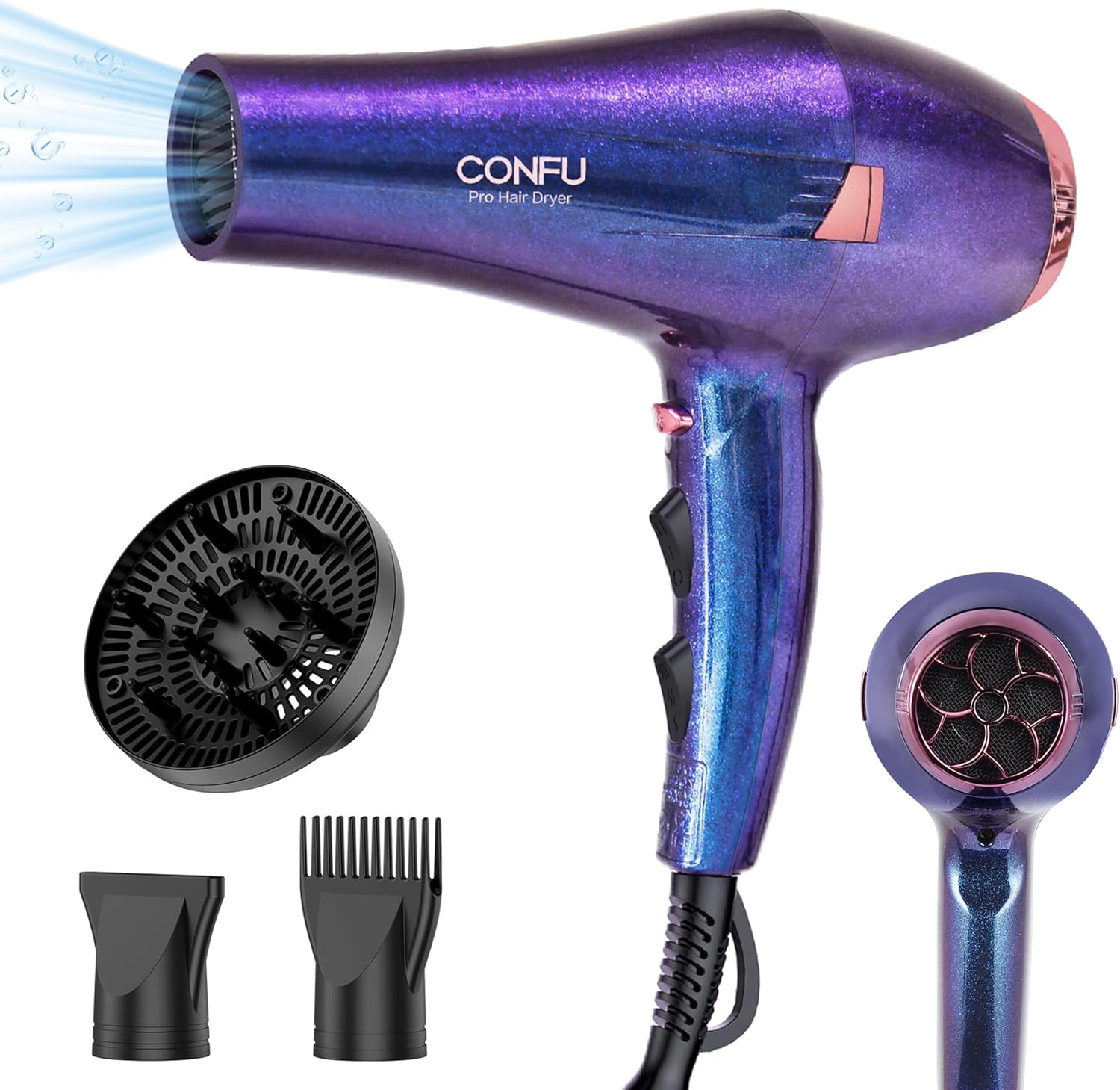 CONFU Hair Dryer Pro front view showing the purple glitter salon blow dryer and power cord
