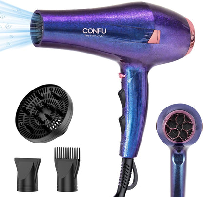CONFU Hair Dryer Pro front view showing the purple glitter salon blow dryer and power cord