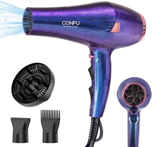 CONFU Hair Dryer Pro front view showing the purple glitter salon blow dryer and power cord