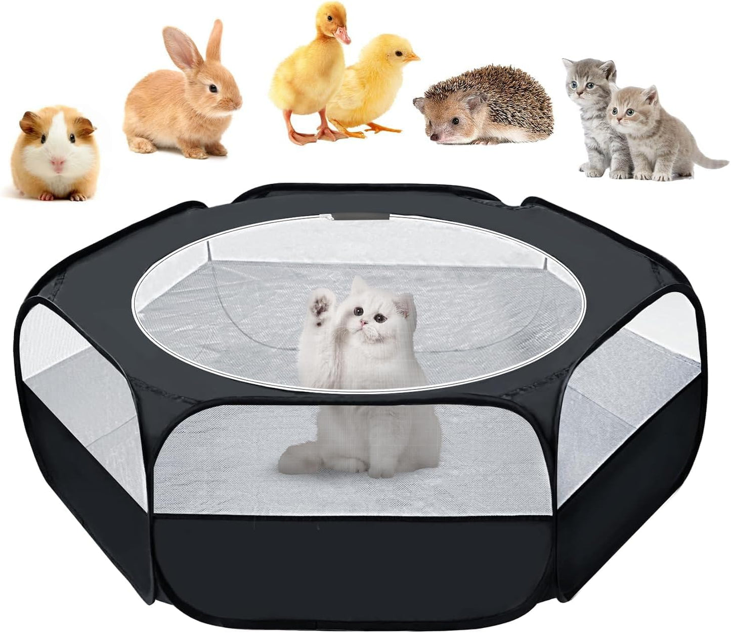 UWE Small Animal Playpen, Chicken Brooder Box with Cover Top, Portable Outdoor Exercise Pet Cage Tent, Waterproof Breathable Pet playpen Indoor for Chick Ktiien Bunny Hamster Guinea Pig, Black - Image 1