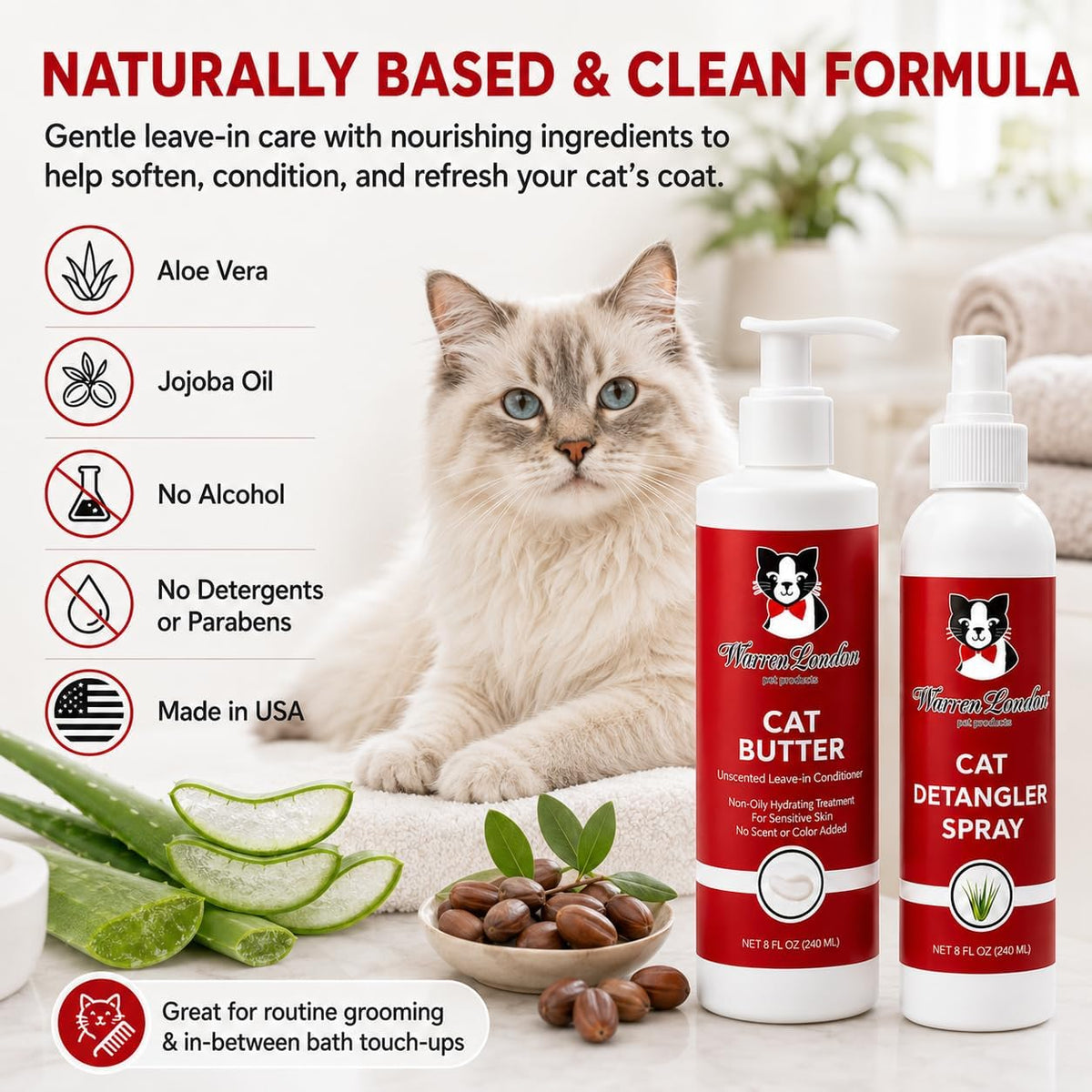 Warren London cat grooming products with aloe vera and jojoba oil