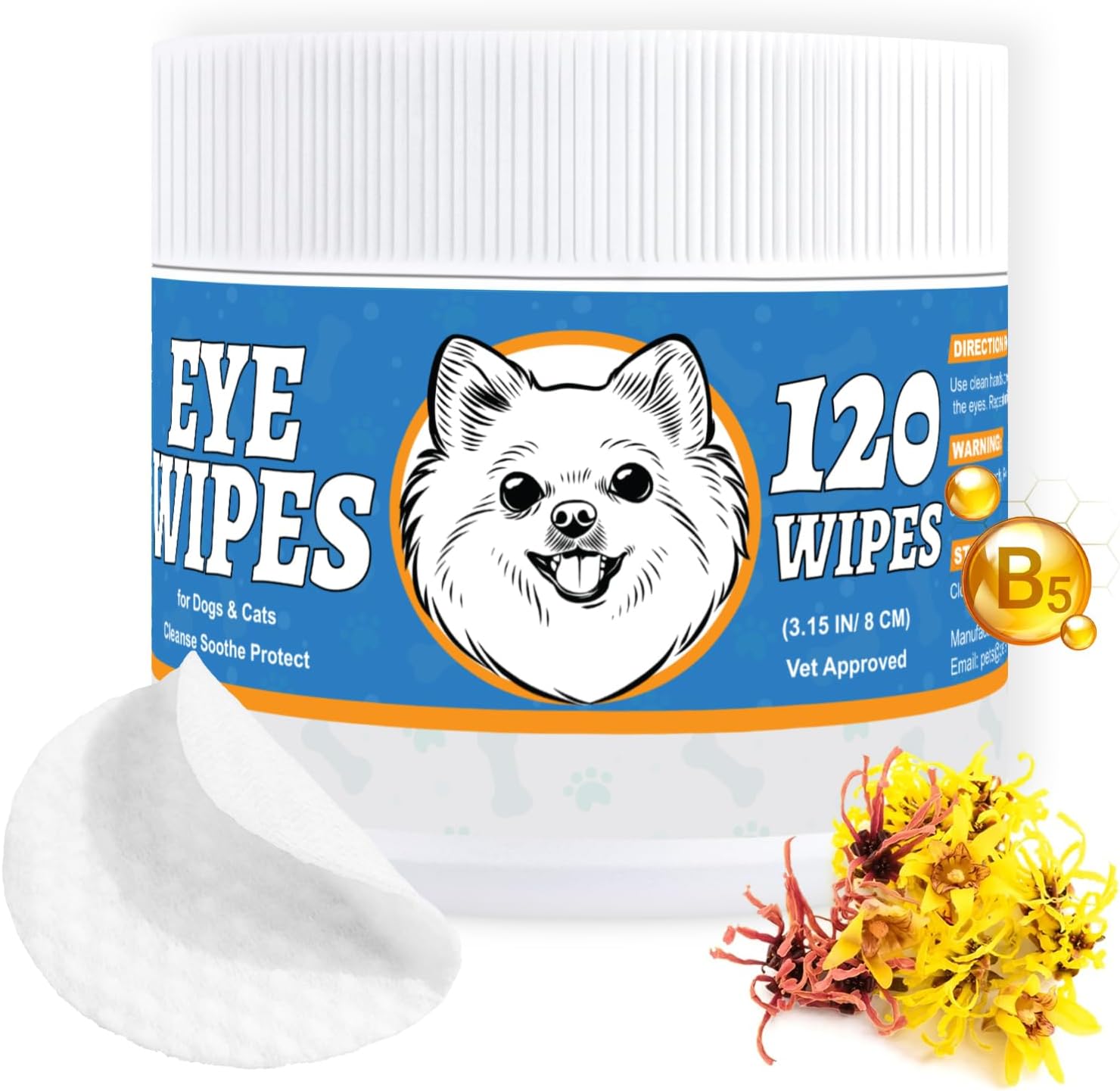 Yibesi Pet Eye Wipes front view container showing the dog graphic and 120 count label.