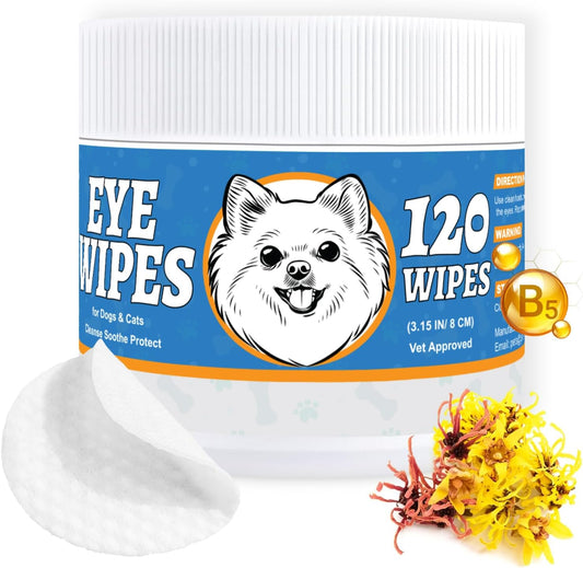 Yibesi Pet Eye Wipes front view container showing the dog graphic and 120 count label.