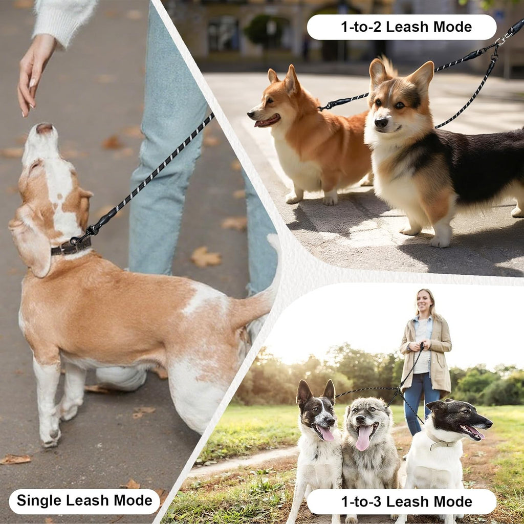 Full premium LEOSASA three pet walking set including the modular black nylon lines and heavy duty couplers packaging view.