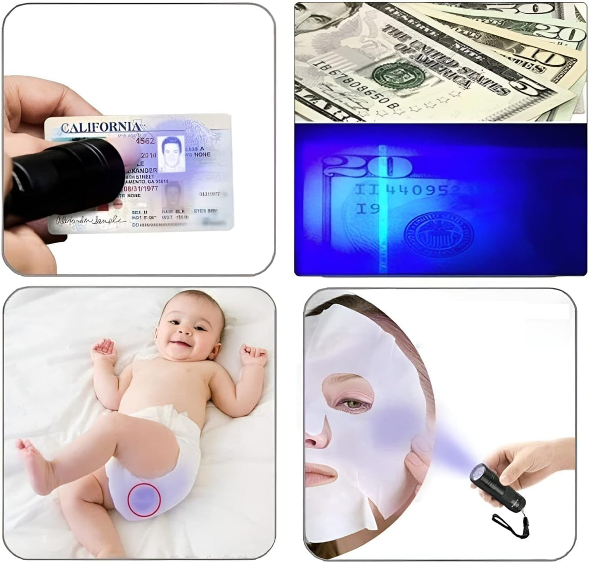 Compact three ninety five nanometer ultraviolet torch verifying currency security features.