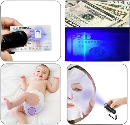 Compact three ninety five nanometer ultraviolet torch verifying currency security features.