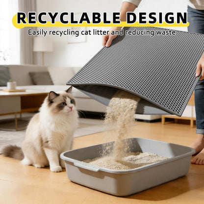 Pouring trapped cat litter back into the litter box from the open edge mat