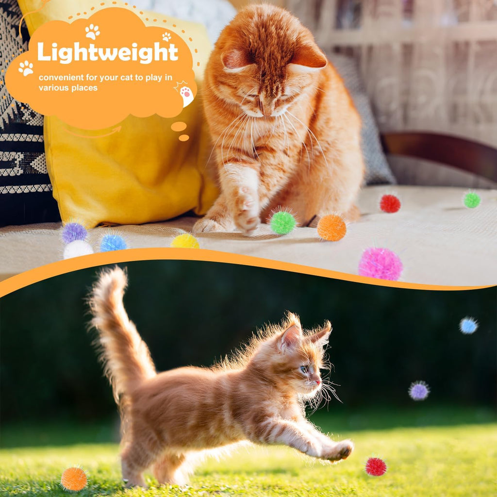 Cat batting a fuzzy sparkle ball across floor