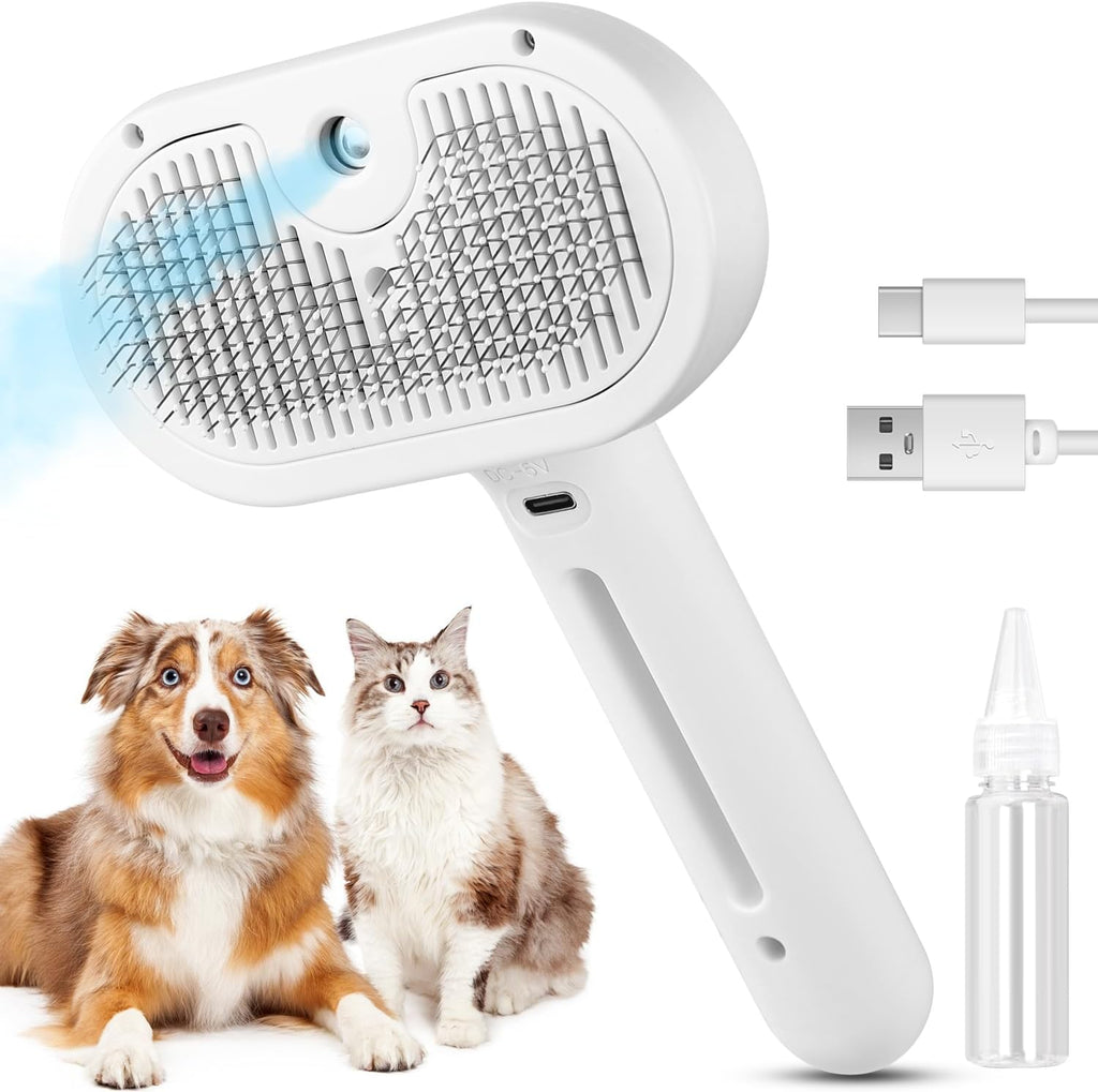 FourSeas 3 in 1 pet steam brush white front view showing water mist spray nozzle