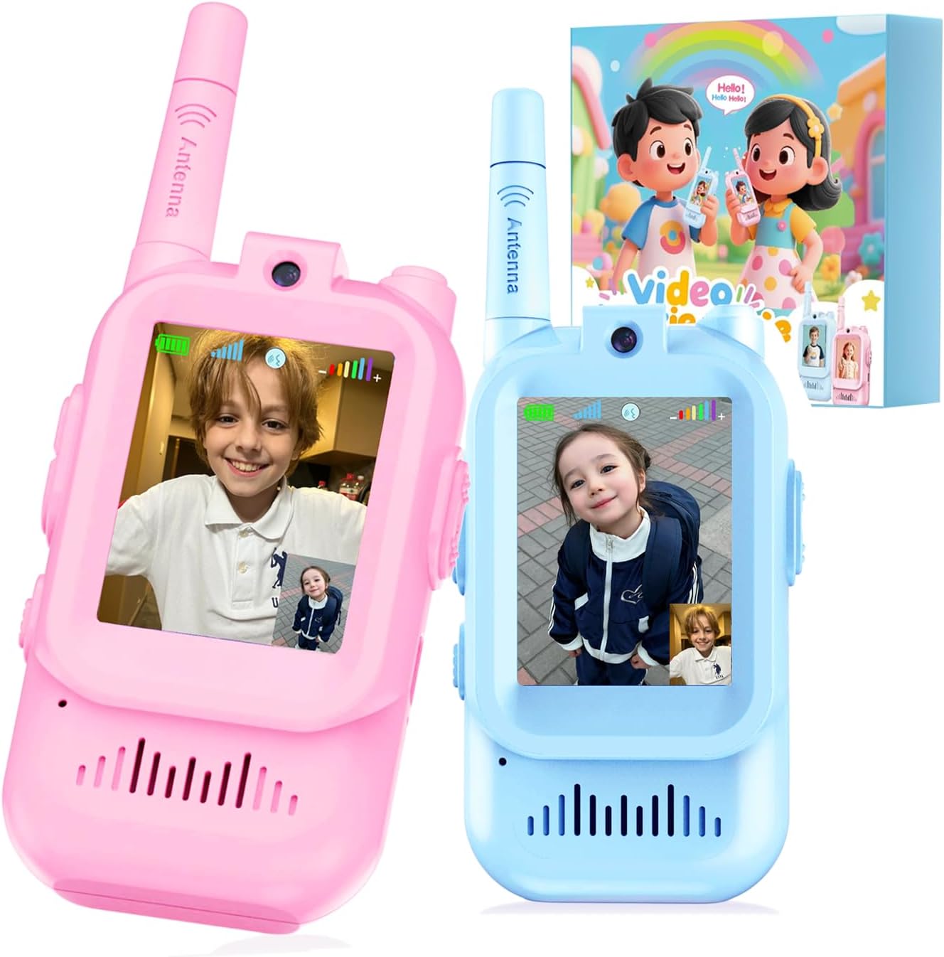 Crelander video walkie talkies for kids front view showing pink and blue models with active screen displays