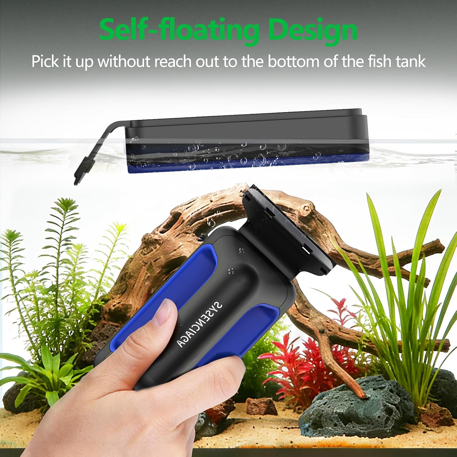 SYSENCIAGA heavy duty magnetic cleaning brush demonstrating the floating mechanics inside an aquarium