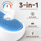 LetsFeed 3-in-1 pet steam brush showing stainless steel bristles and mist function