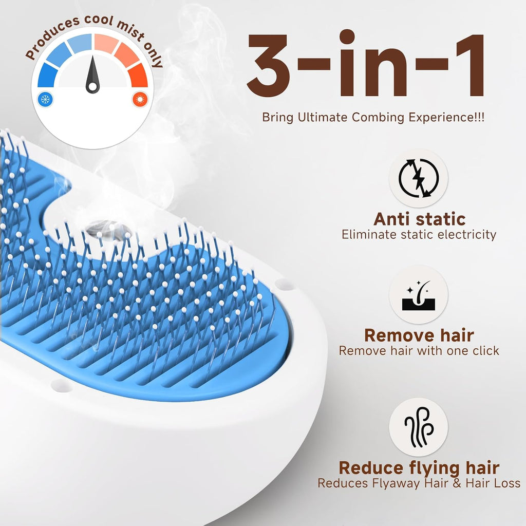 Blue electronic steamy grooming comb emitting fine nano mist spray for pet hair removal.