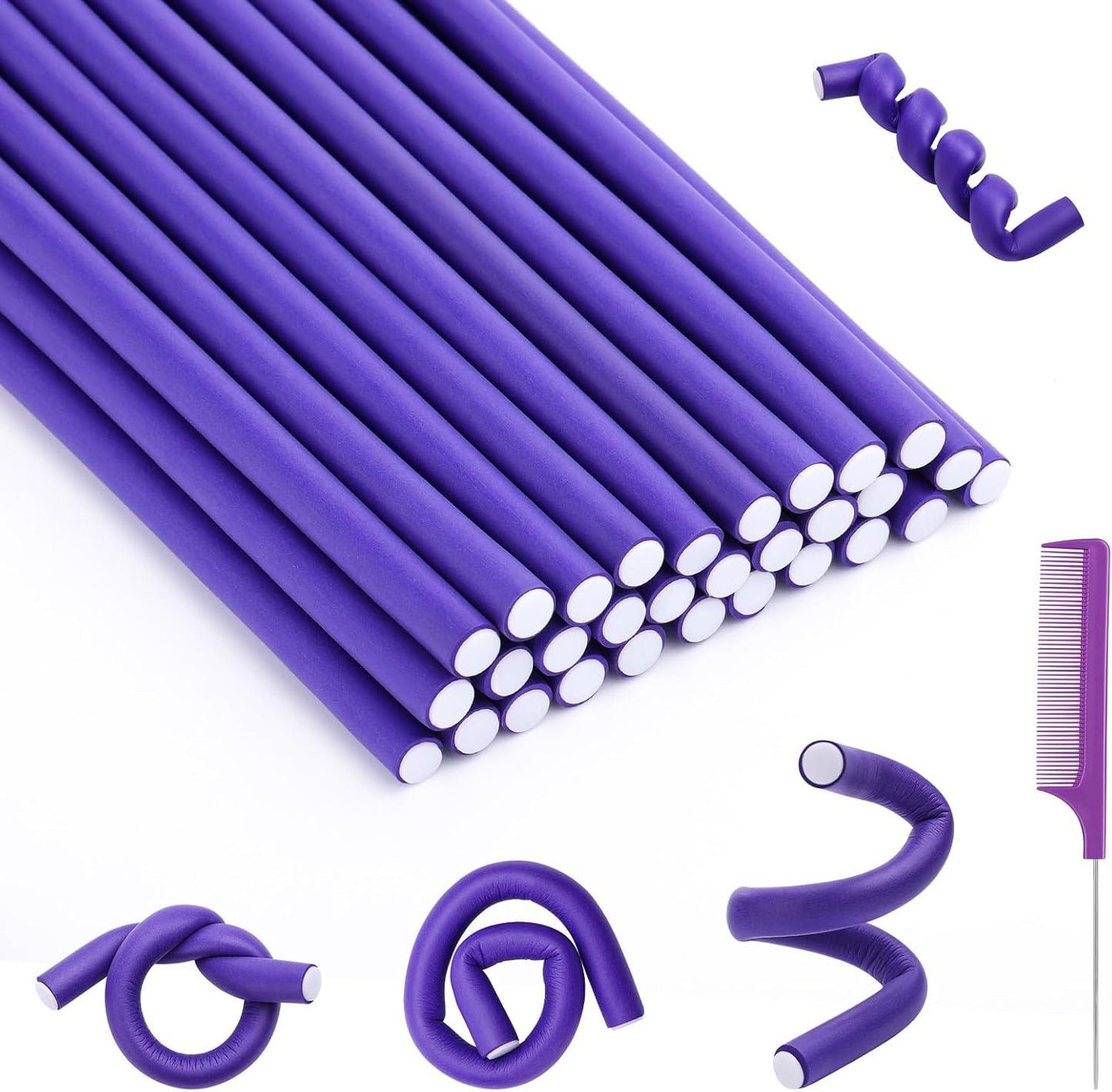CEKEME small foam hair curlers pack of thirty front view showing purple flexible rods