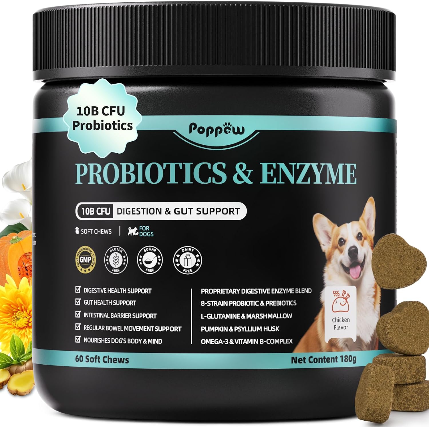Probiotics for Dogs, Digestive Enzymes & Pumpkin Fiber for Gut Health and Bowel Support, Dog Supplement for Gas Relief & Constipation, 10B CFU with 5 Prebiotics & 5 Enzymes, 90 Count Beef Flavor - Image 10