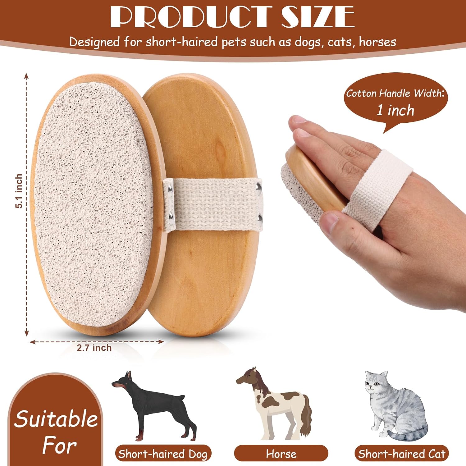 Pet grooming pumice stone with wooden handle and strap