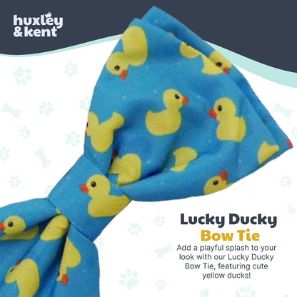 Adjustable yellow duck pattern dog bow tie attached securely to a pet collar