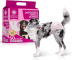 Packaging details of the fifty count American Kennel Club female dog diaper wrap pack