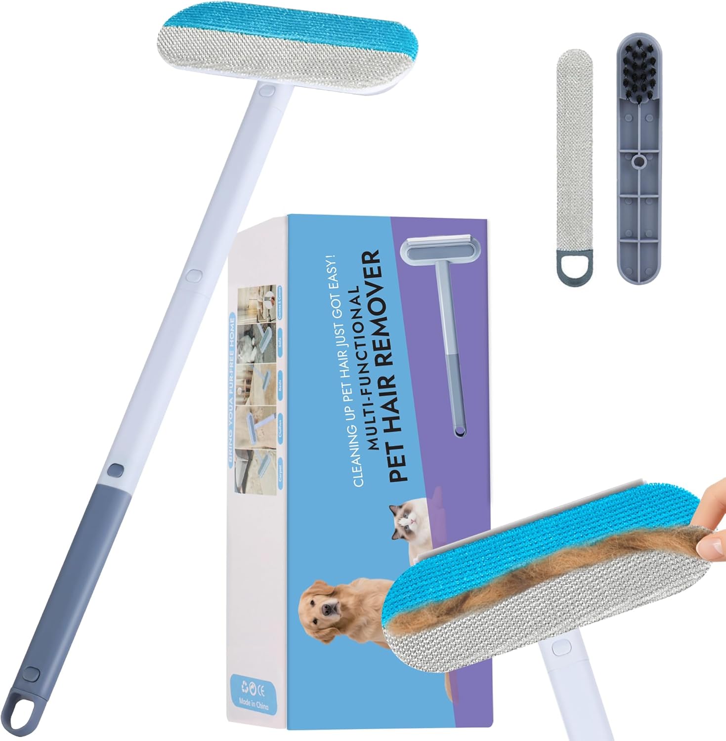 Qoiuso pet hair remover tool with long handle front view