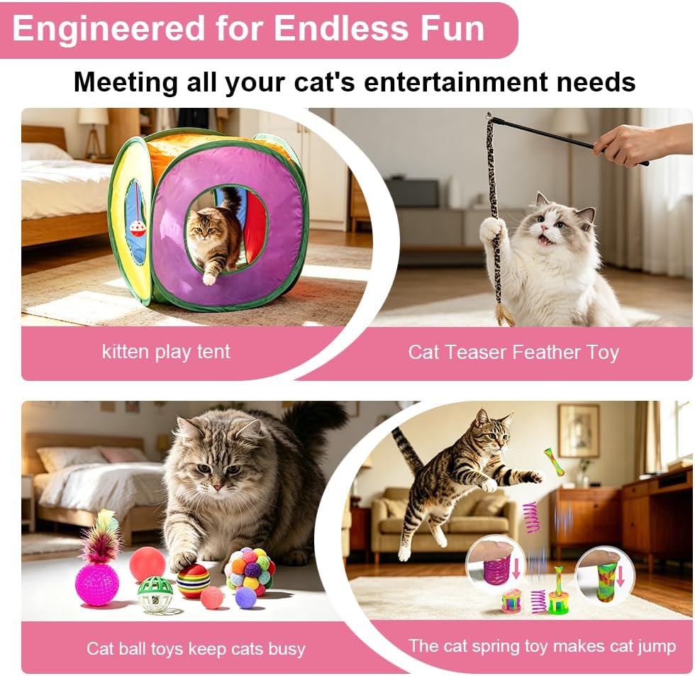 Retro Shaw multi color cat toys assortment showcasing non toxic pom balls and crinkle toys close up.