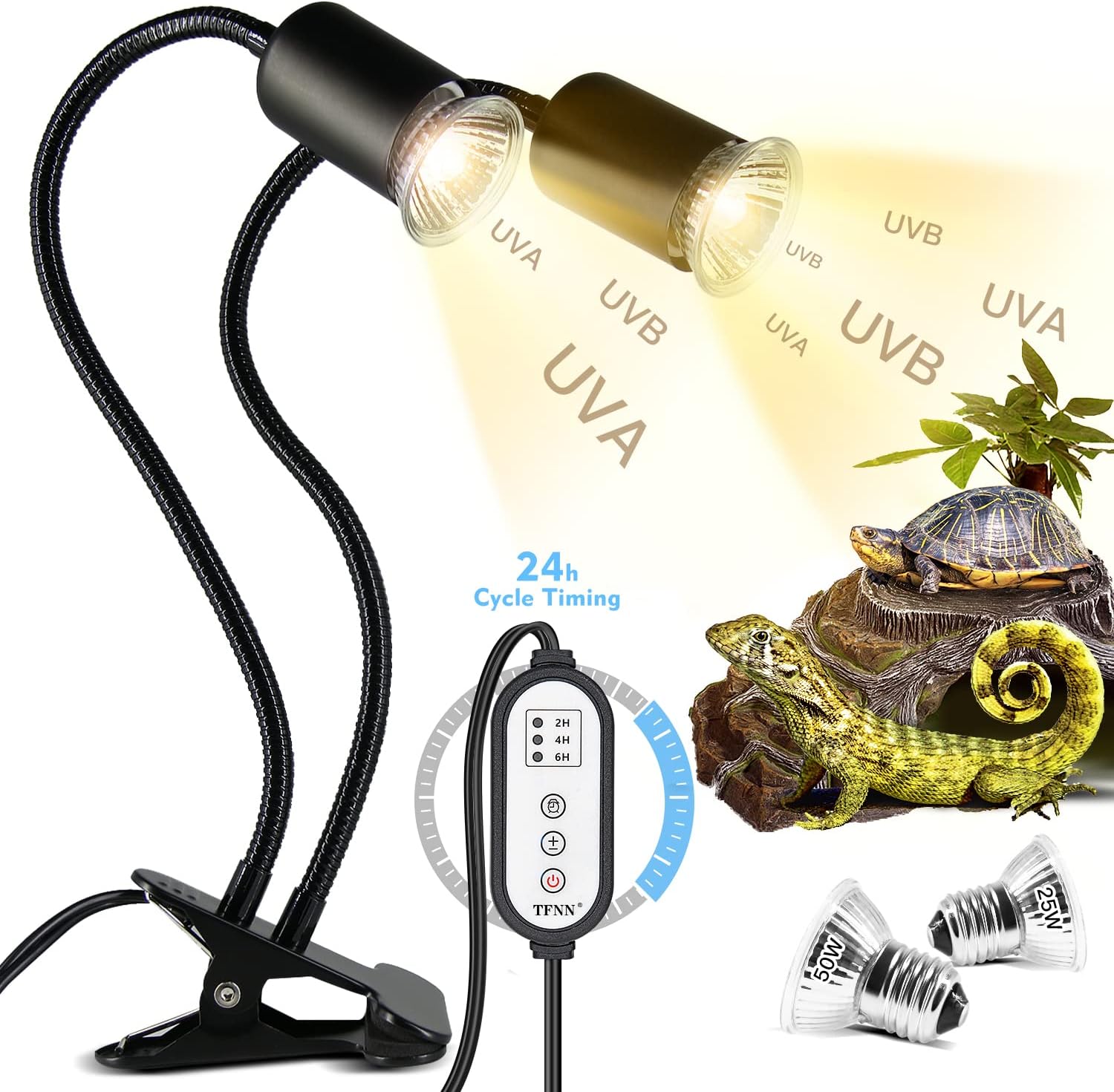 TFNN double head reptile heat lamp front view clamped on a glass terrarium edge.