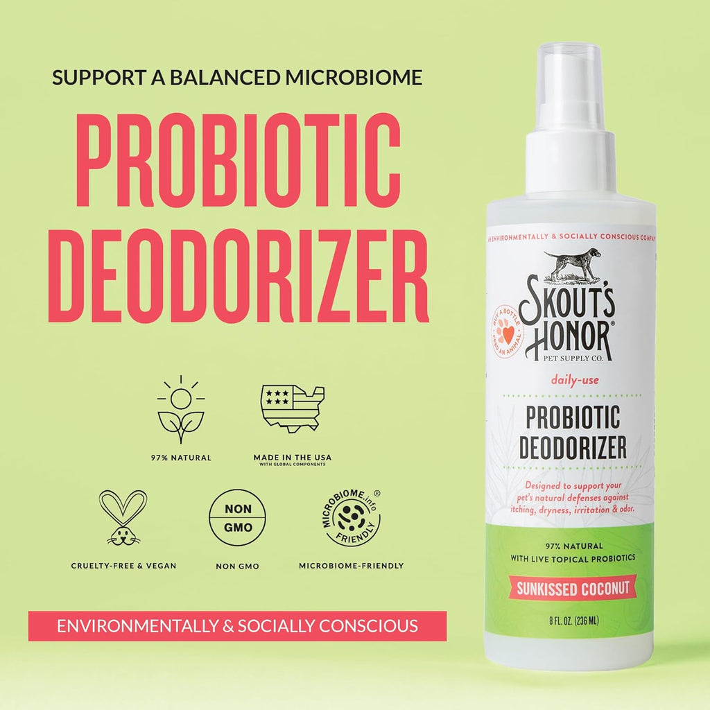 Skout's Honor probiotic pet spray bottle with coconut scent label