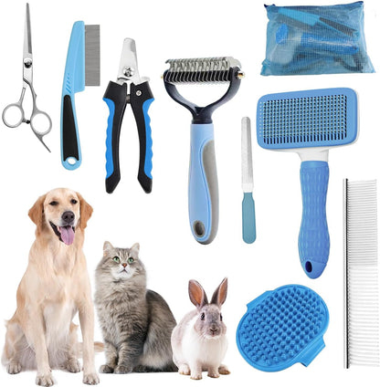 Premium imported dog and cat deshedding tool set for home grooming.