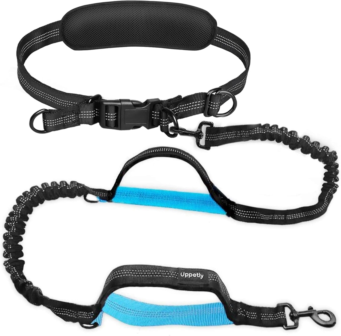 Uppetly hands free dog running leash front view showing adjustable blue and black waist belt