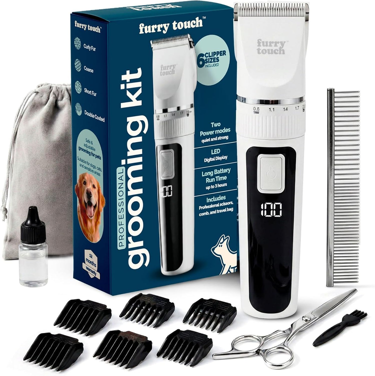 Furry Touch professional dog grooming kit showing the main cordless trimmer front view for home pet care.