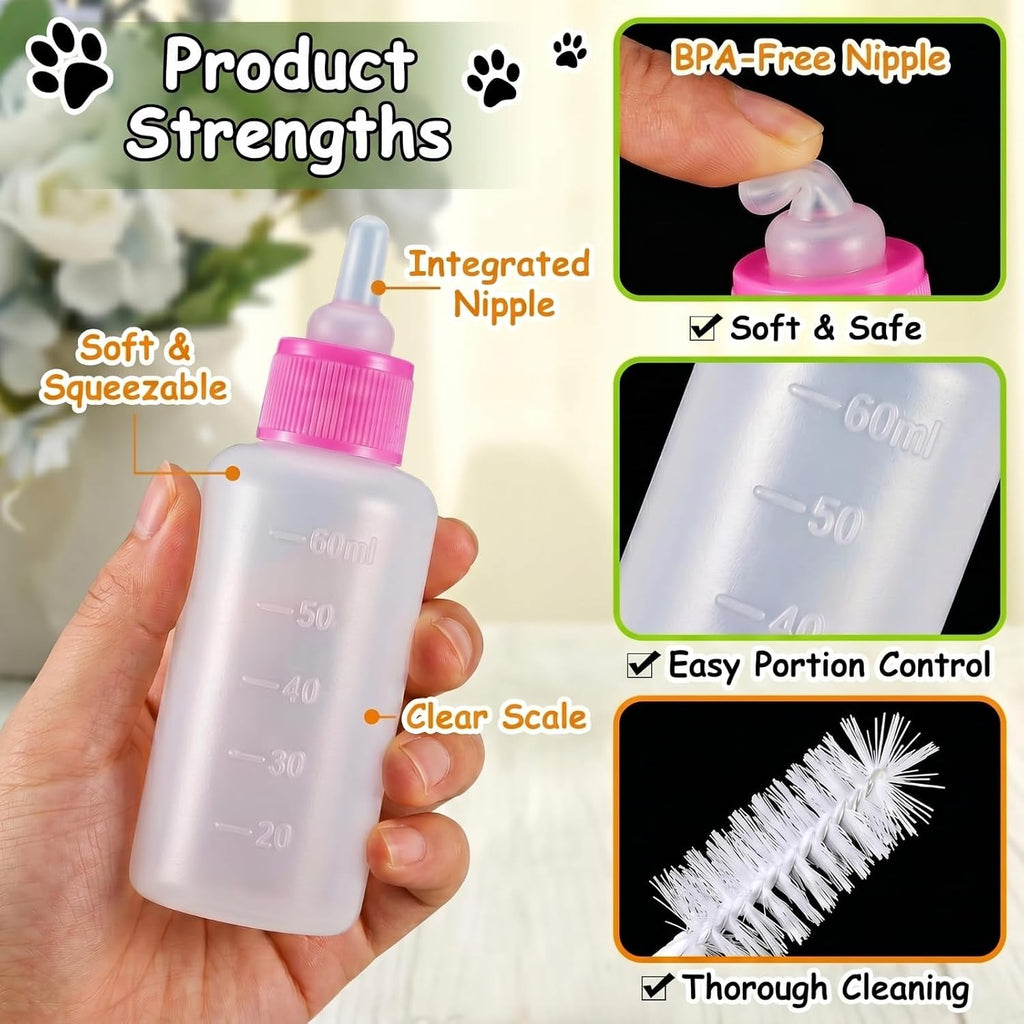Close up of food grade plastic puppy bottle being squeezed to demonstrate controlled fluid flow for weak newborn pets.