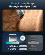 Detachable stainless steel blades on low noise dog shaver for matted hair.
