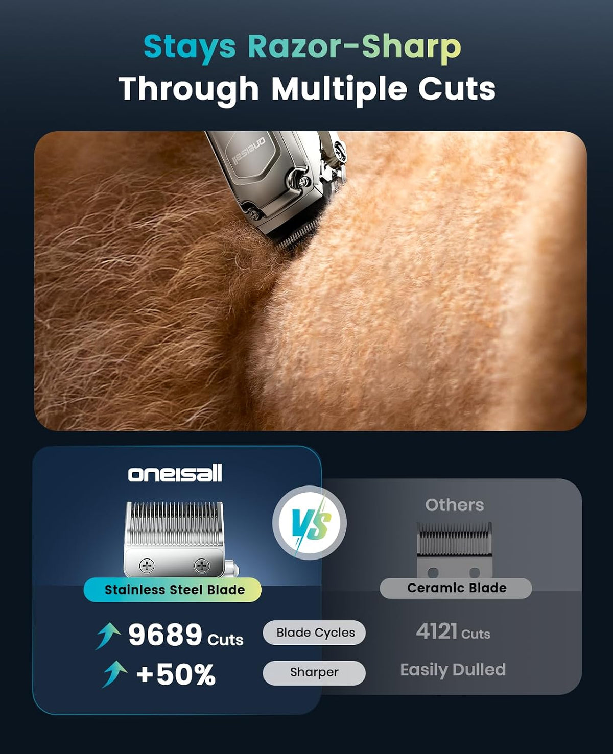 Detachable stainless steel blades on low noise dog shaver for matted hair.