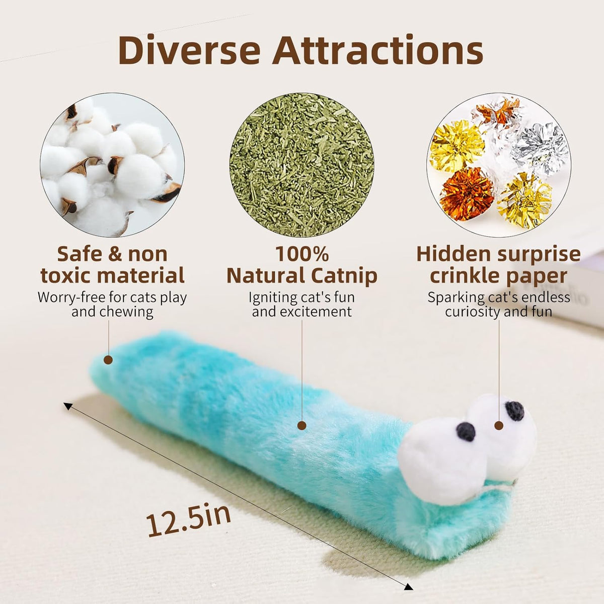 Gochanmon catnip toy showing soft plush texture and expressive eyes