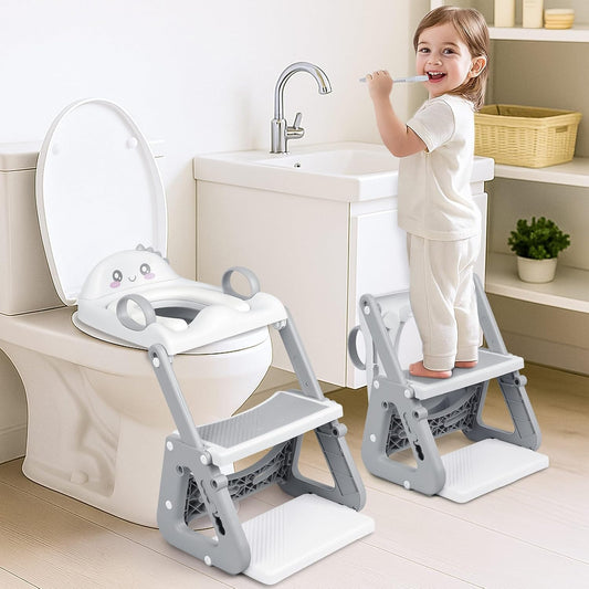 IvyWind potty training seat front view showing the gray adjustable toddler ladder positioned on a bathroom toilet.