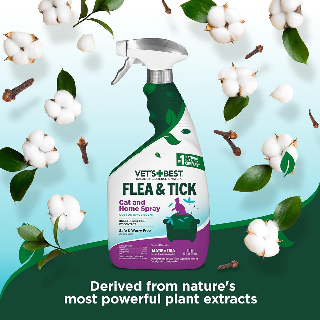 Vet's Best plant-powered feline pest management spray bottle highlighting home safe usage.