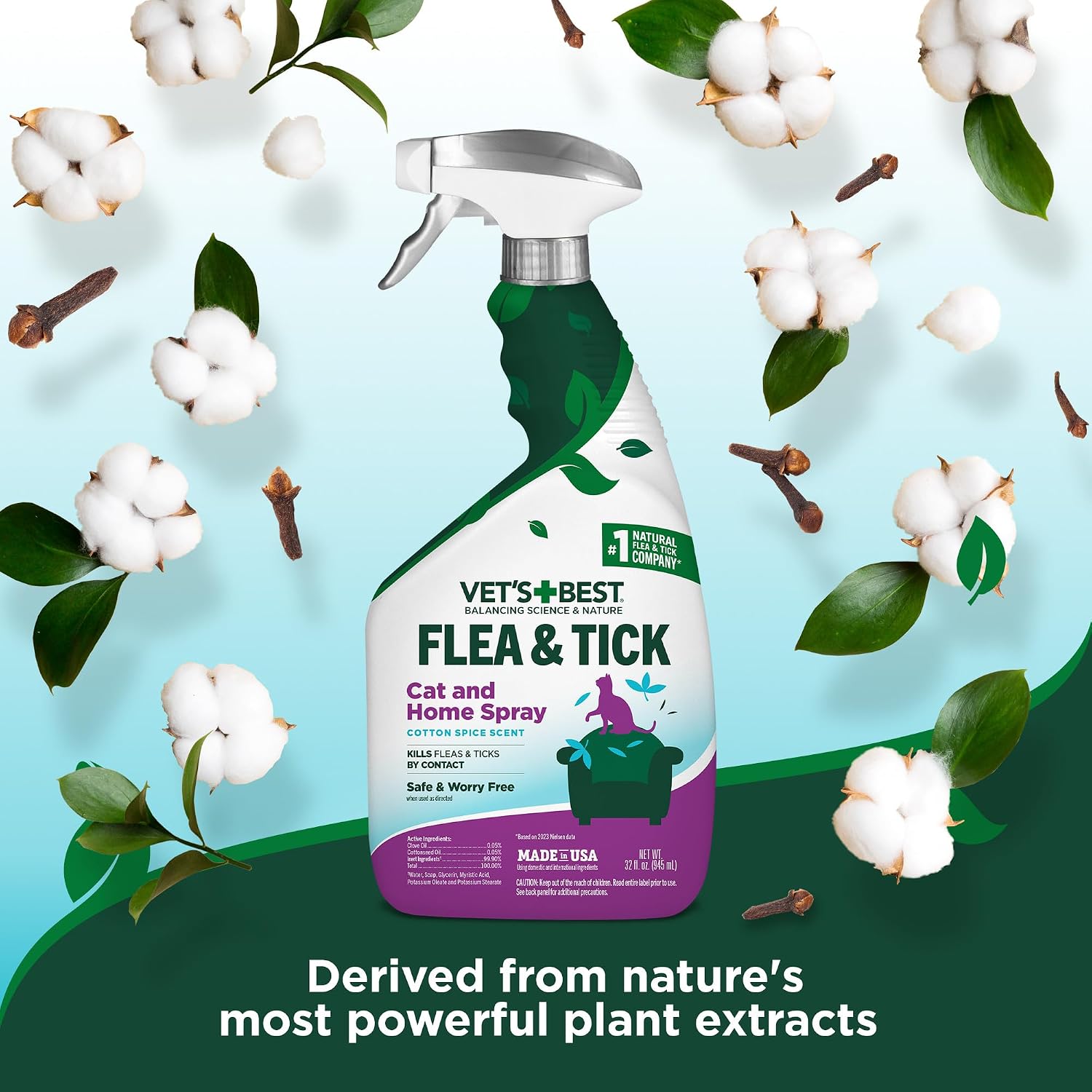 Vet's Best plant-powered feline pest management spray bottle highlighting home safe usage.