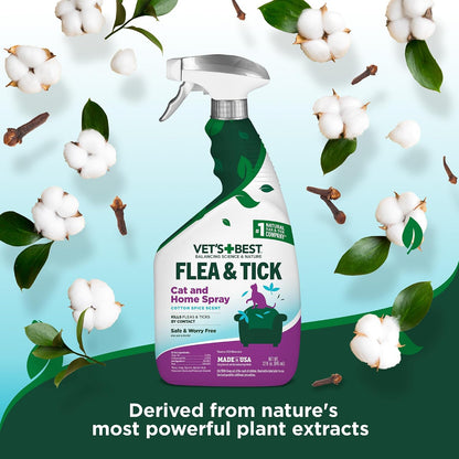 Vet's Best plant-powered feline pest management spray bottle highlighting home safe usage.