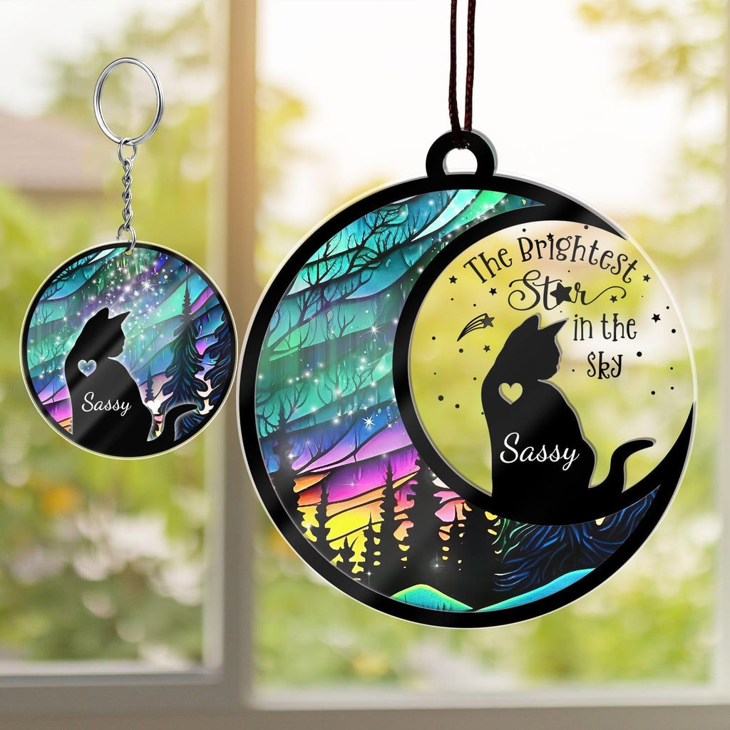 PIKURLUV custom cat memorial suncatcher front view featuring personalized cat silhouette and name on colorful aurora background