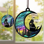 PIKURLUV custom cat memorial suncatcher front view featuring personalized cat silhouette and name on colorful aurora background