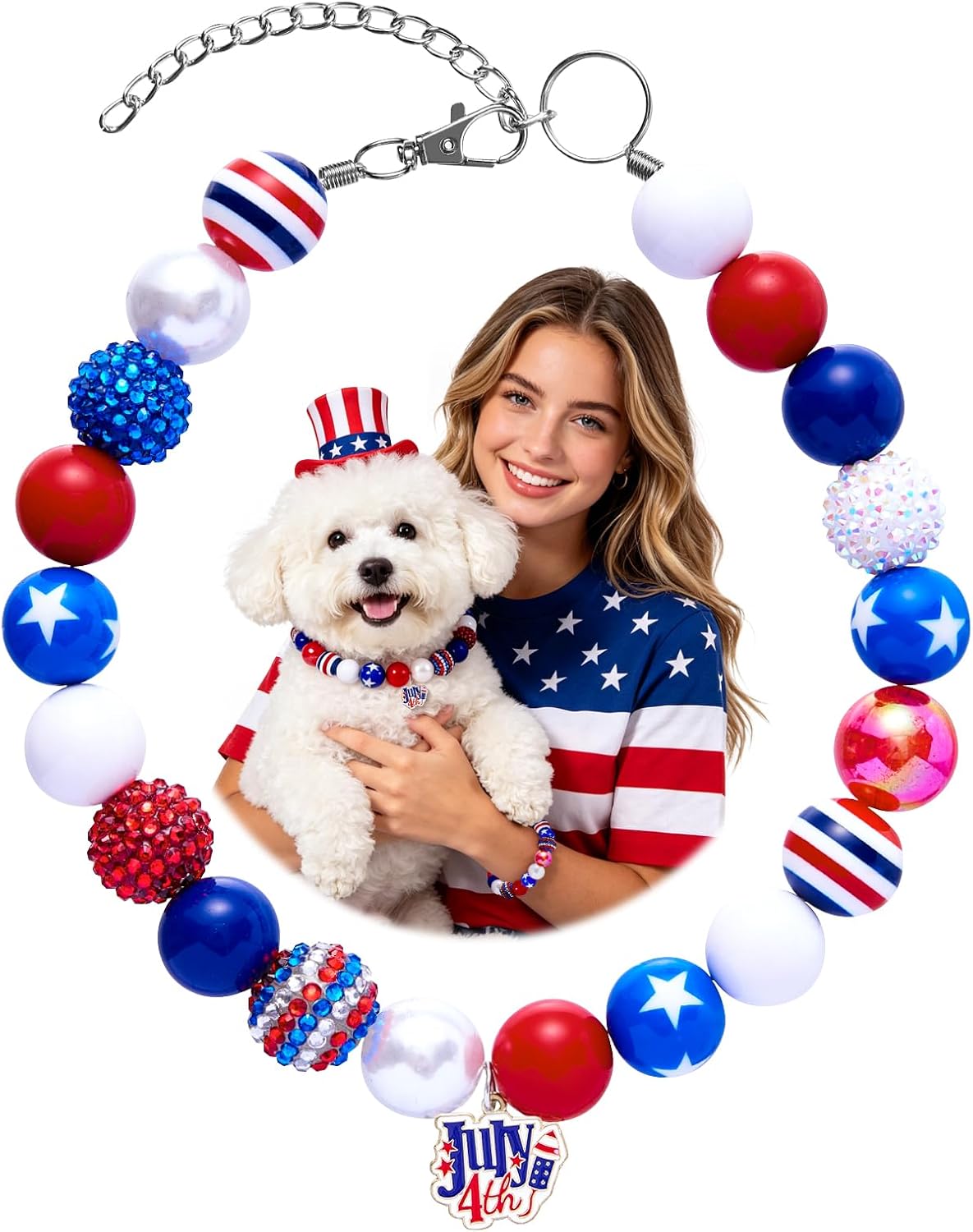 4th of July Dog Beaded Necklace with Interchangeable Charms, Patriotic Red White Blue Pet Necklace, Adjustable Dog Jewelry for Small Medium Large Dogs (Red, XL) - Image 11