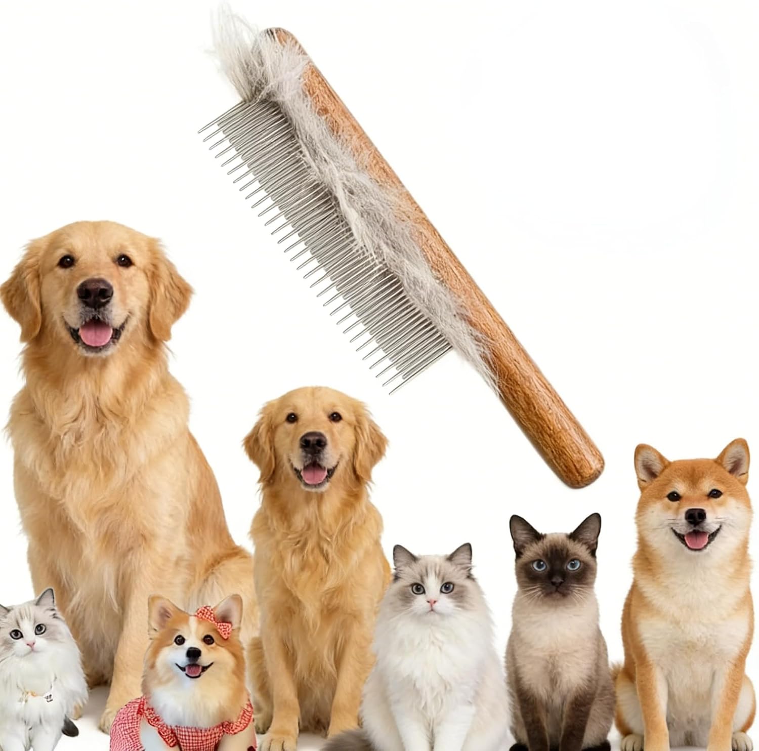 Yddpet pet grooming comb front view with wooden handle