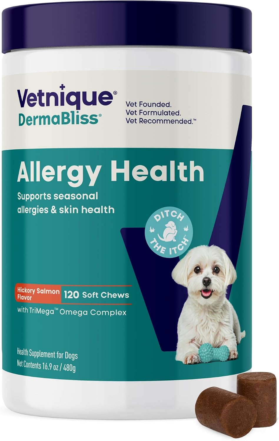 Vetnique DermaBliss Vet-Formulated Dog Allergy Chews for Seasonal Itch Relief, Skin, Coat & Gut Health, Omega 3 + Probiotic Anti-Itch Soft Chew Supplement for Dogs (60ct, Regular Strength Chews) - Image 14